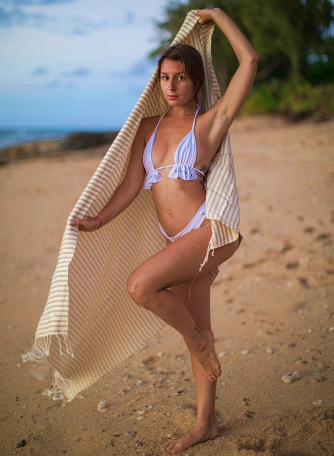 Bersuse 100% Cotton Malibu Turkish Towel - 37x70 Inches, Beige - Image 2