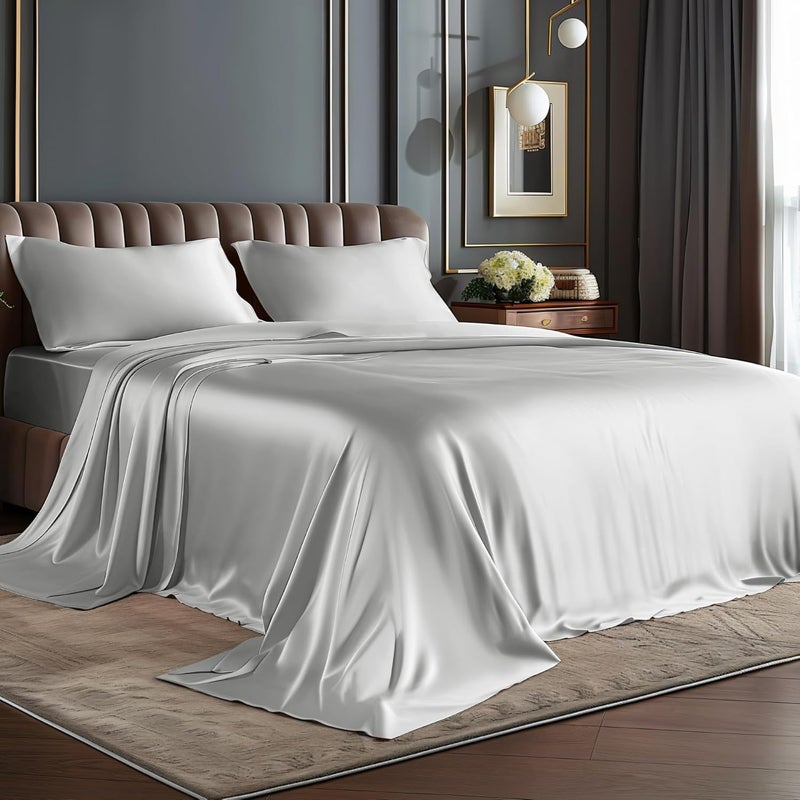 BEDELITE Satin Bed Sheet Set for Double Bed, Luxurious, Soft, Gray, Silky, for Hair and Skin, Similar to Silk, 3-Piece Bedding Set with 1 Deep Fitted Sheet, 1 Bed Sheet and 1 Pillowcase - Image 1