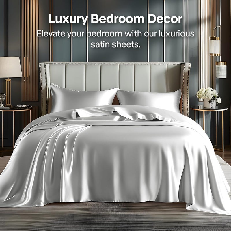 BEDELITE Satin Bed Sheet Set for Double Bed, Luxurious, Soft, Gray, Silky, for Hair and Skin, Similar to Silk, 3-Piece Bedding Set with 1 Deep Fitted Sheet, 1 Bed Sheet and 1 Pillowcase - Image 2