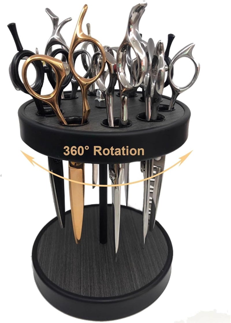 XDONEF Rotating Scissor Holder for Hairdressers Wooden Shear Holder for Stylist Scissors Storage Rack Salon Tool Holder Barber Station Organizer for 10 Hair Cutting Scissors Combs Clips Black - Image 1