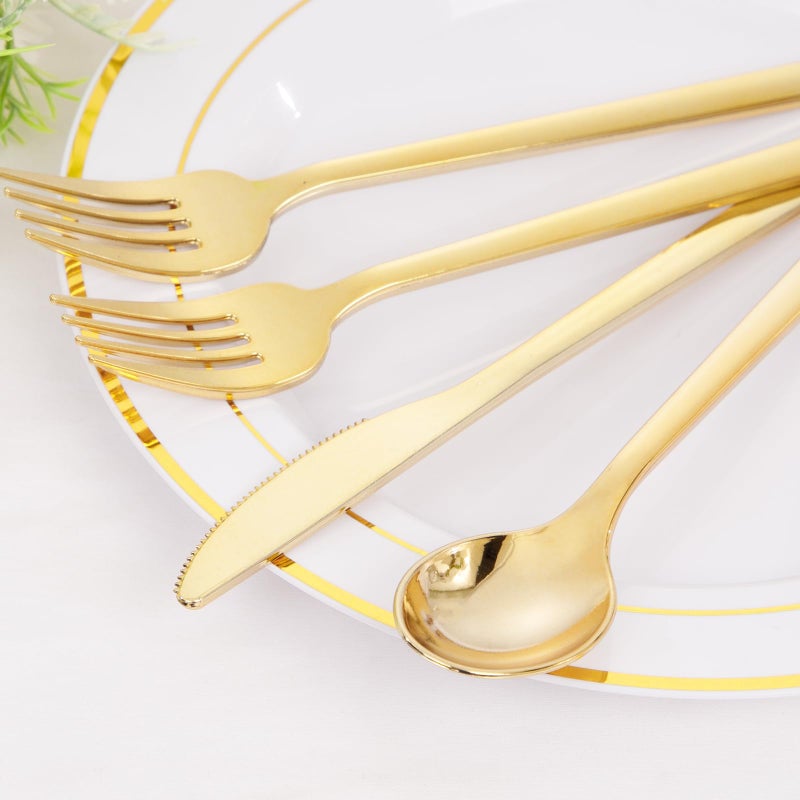 Rubtlamp 180 Pcs Gold Plastic Silverware - Disposable Plastic Utensils - Heavy Duty Plastic Forks And Spoons - Gold Plastic Cutlery Set Include 60 Forks  60 Knives And 60 Spoons for Christmas Party - Image 2