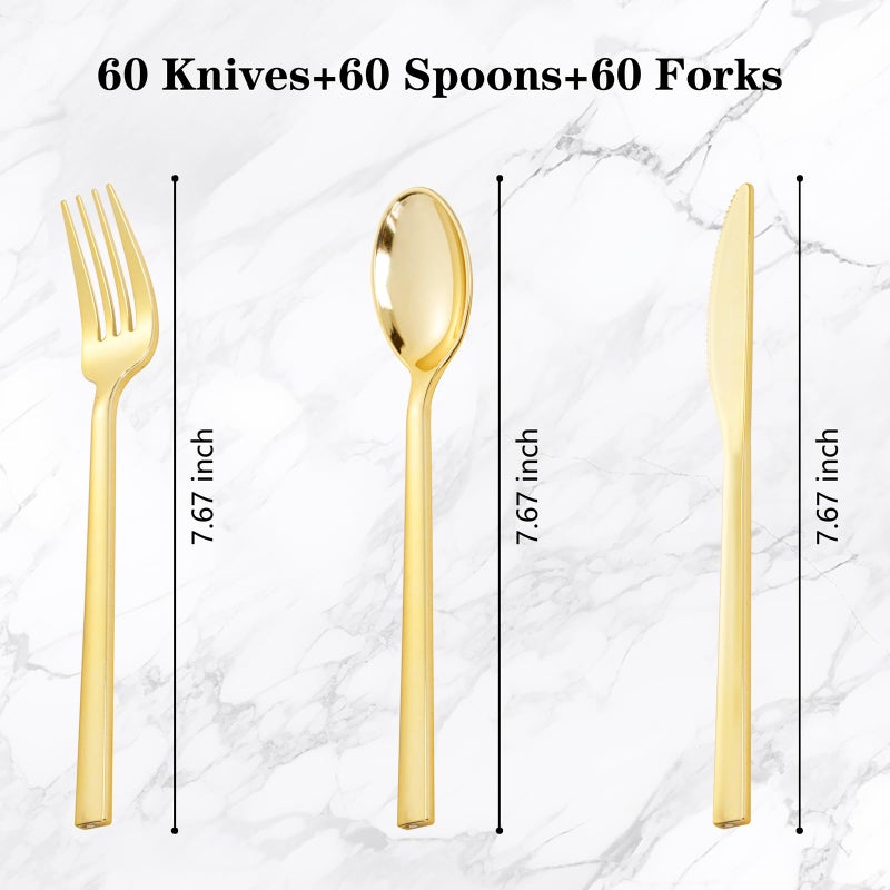 Rubtlamp 180 Pcs Gold Plastic Silverware - Disposable Plastic Utensils - Heavy Duty Plastic Forks And Spoons - Gold Plastic Cutlery Set Include 60 Forks  60 Knives And 60 Spoons for Christmas Party - Image 1