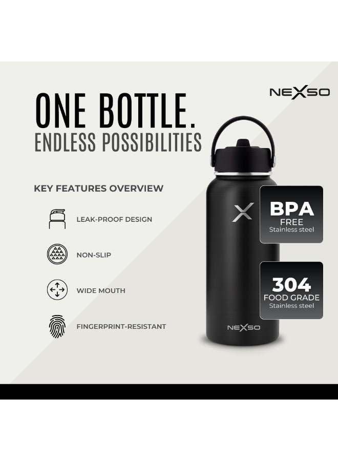 Nexso Stainless Steel Water Bottle – 1L Vacuum Insulated Bottle with 3 Leak-Proof Lids, 2 Straws, Straw Brush & Carrying Bag – Hot & Cold Flask for Gym, Travel, Office & Outdoor Use - Image 3