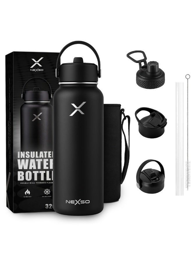 Nexso Stainless Steel Water Bottle – 1L Vacuum Insulated Bottle with 3 Leak-Proof Lids, 2 Straws, Straw Brush & Carrying Bag – Hot & Cold Flask for Gym, Travel, Office & Outdoor Use - Image 1