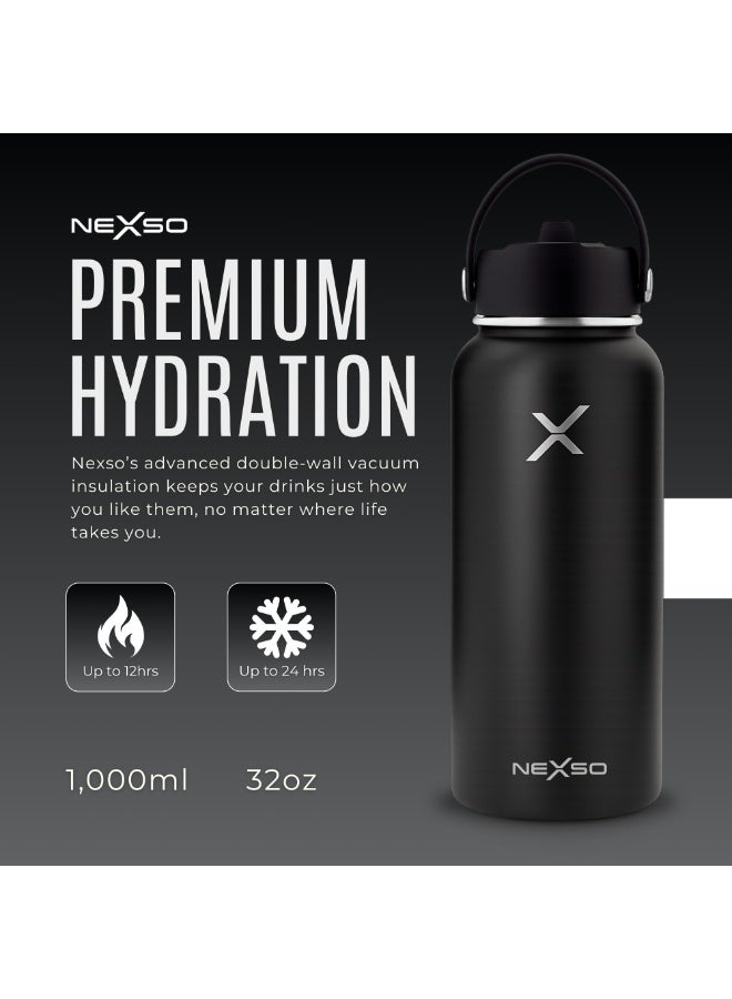 Nexso Stainless Steel Water Bottle – 1L Vacuum Insulated Bottle with 3 Leak-Proof Lids, 2 Straws, Straw Brush & Carrying Bag – Hot & Cold Flask for Gym, Travel, Office & Outdoor Use - Image 2