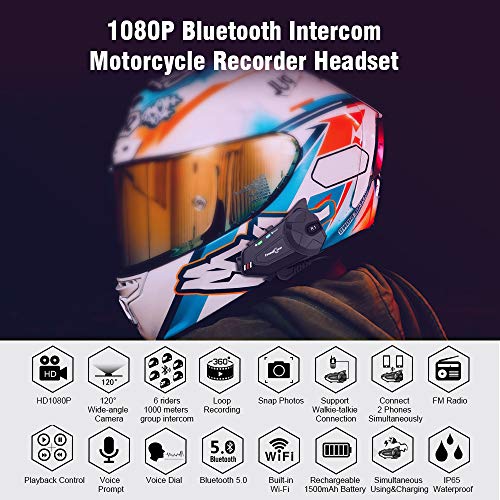 FreedConn Motorcycle Helmet Headset with Camera R1plus Bluetooth Intercom 1000M 6 Riders Waterproof Wireless FM Radio Communication Systems for Most Helmets - Image 2