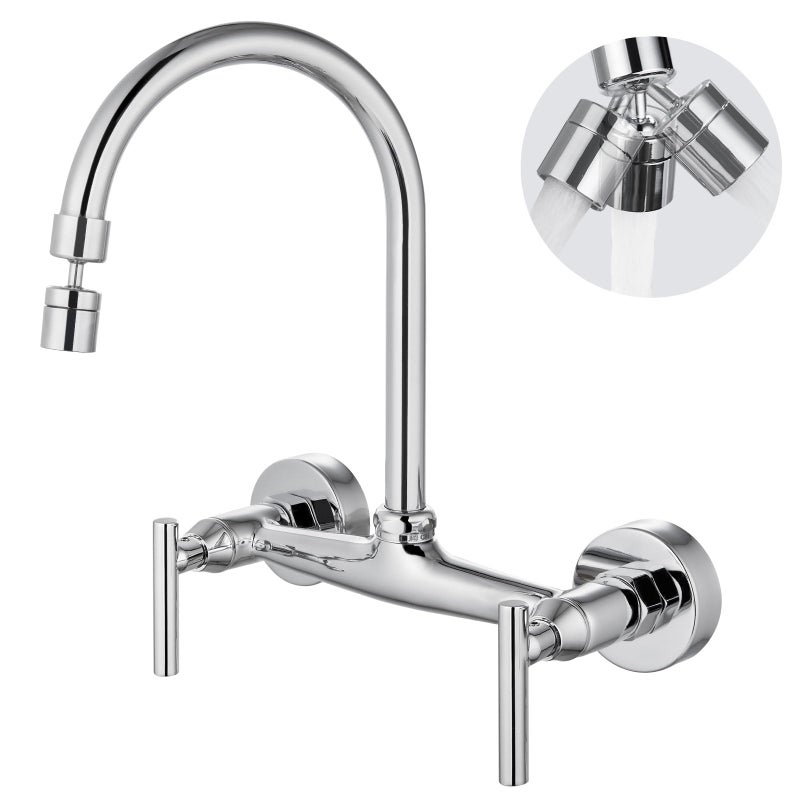 Airuida Wall Mount Kitchen Sink Faucet Wall Mounted Kitchen Faucets 8 Inch Center Double Handles 360 Degree Swivel Spout Restaurant Utility Laundry Commercial Mixer Tap Chrome Polish