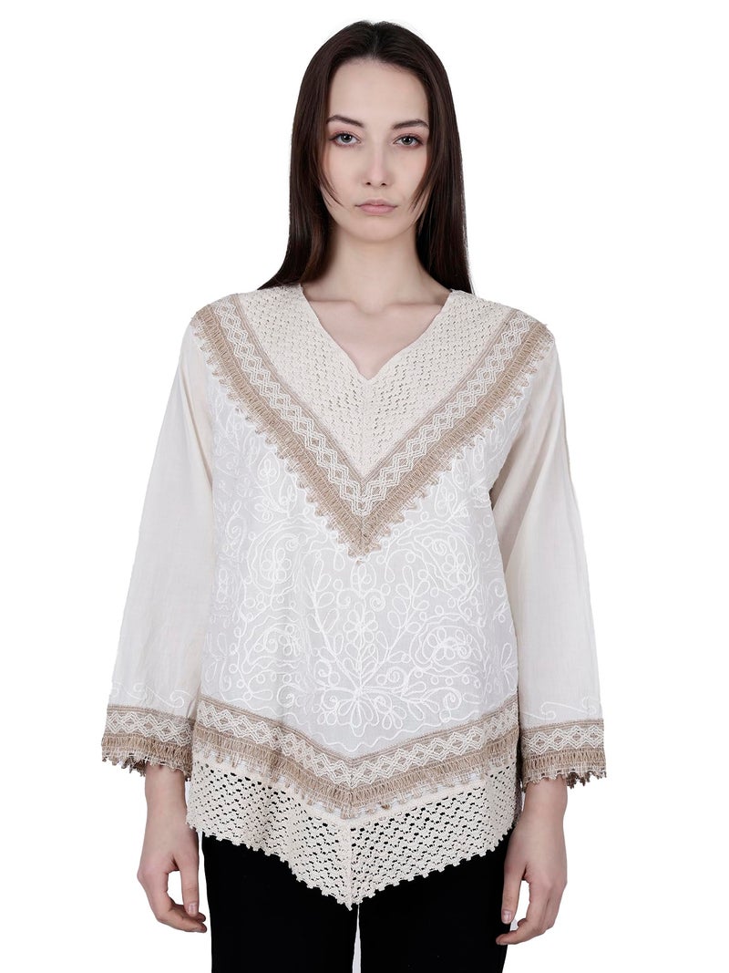 Ukal Hand Embroidered Top/Full Sleeves Cotton Tunic/Summer Short Ethnic Chikan Relaxed Fit Kurti/Boho Short Ethnic Dress for Women (in, Alpha, XL) Beige - Image 2