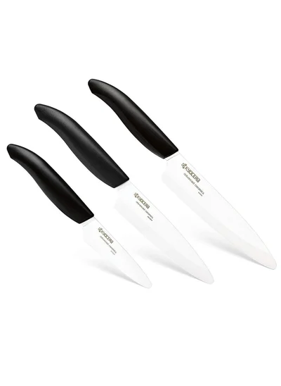 Kyocera Advanced Ceramics Kyocera White Ceramic Chefs Serrated Paring Knife 3 Piece Knife Set for Kitchen