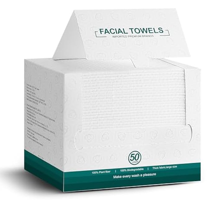 Disposable Face Towels,Extra Thick Soft Clean Facial Towels,Super Absorbent,Biodegradable Dry Wipes,Cruelty-Free Facial Washcloth for Sensitive Skin,Travel,Makeup Remover,50 Count,7.9"×12"