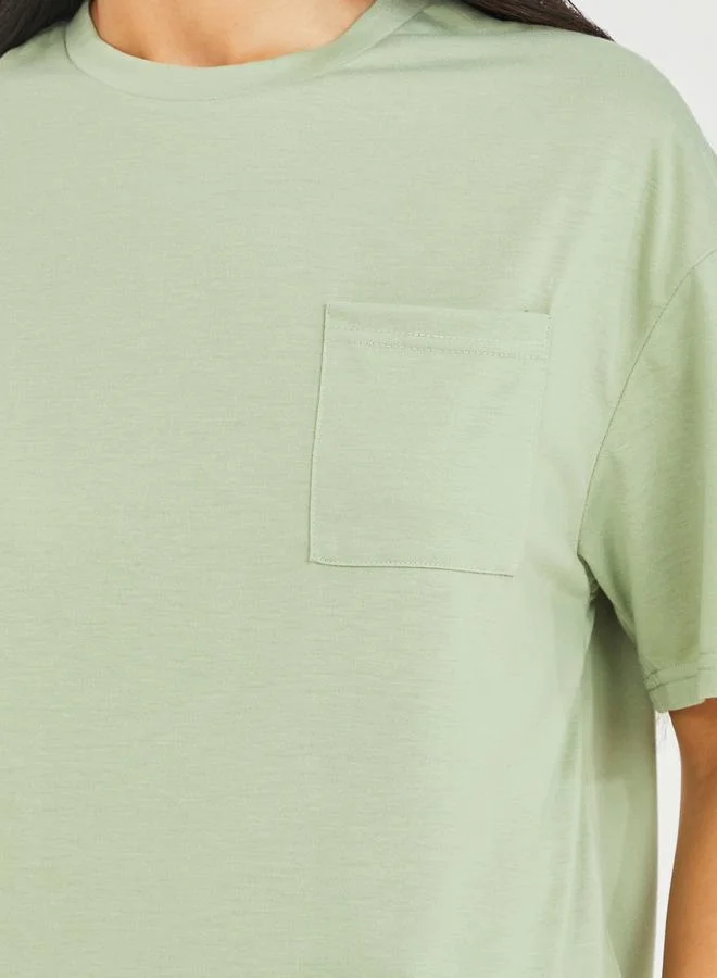Styli Solid Pocket Detail T-Shirt and Pyjama Set