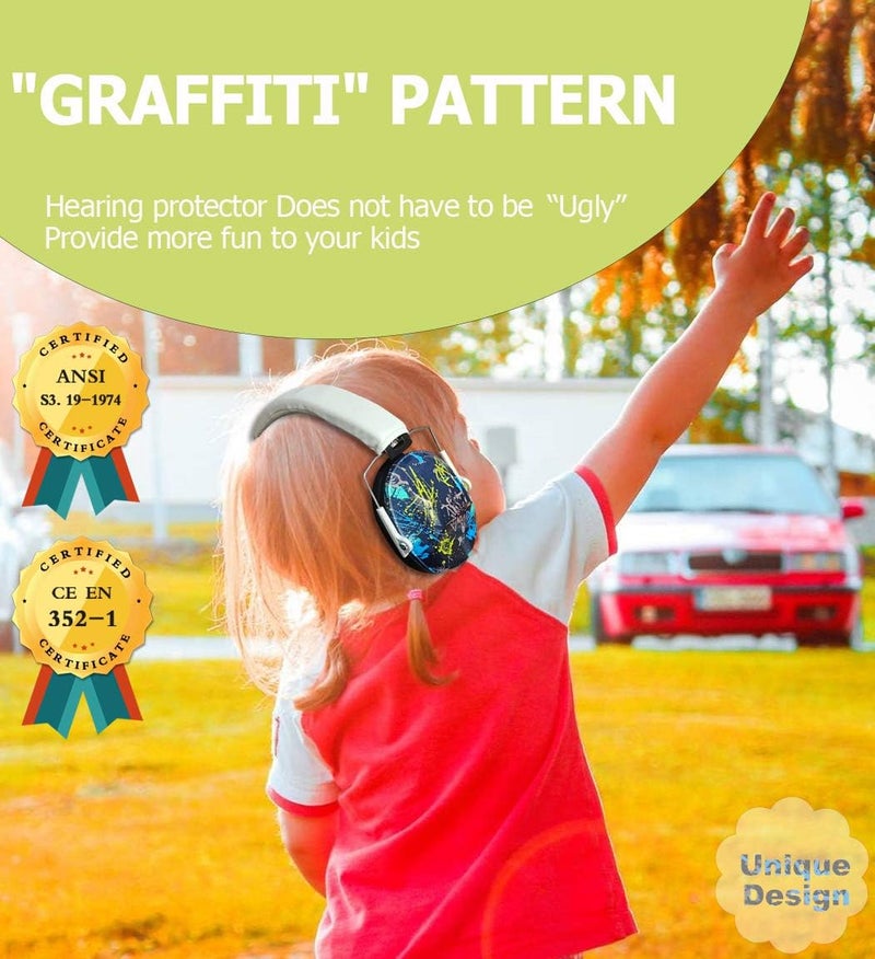 PROHEAR 032 Kids Ear Protection Safety Ear Muffs, NRR 25dB Noise Reduction Childrens Earmuffs, Adjustable Headband Hearing Protectors for Sports Events, Concerts, Racing, Airports - Graffiti Pattern - Image 4