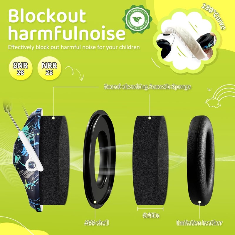 PROHEAR 032 Kids Ear Protection Safety Ear Muffs, NRR 25dB Noise Reduction Childrens Earmuffs, Adjustable Headband Hearing Protectors for Sports Events, Concerts, Racing, Airports - Graffiti Pattern - Image 2