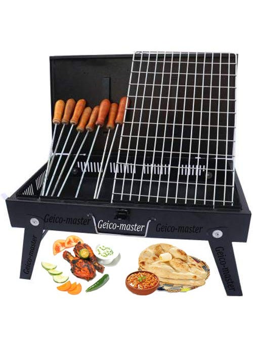 Geico-master Geicomaster Breifcase Barbeque Grill Charcoal Barbeque with 8 Skewers with Wooden Handle Charcoal Grill Black  - Image 1