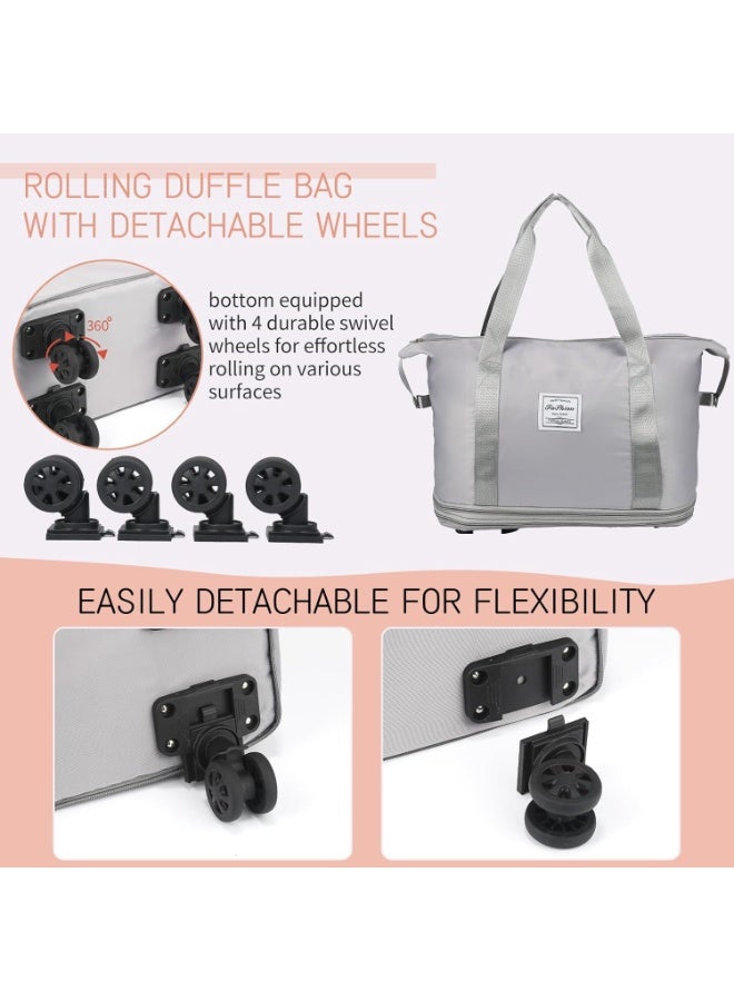 Rolling Duffle Bag, Expandable Foldable Carry On Luggage with Wheels, Large Weekend Bag (Gery) - Image 2