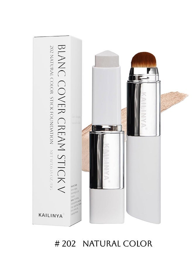 KAILINYA Blanc Cover Cream Stick V White - Korean Color-Changing Foundation Stick with Volufiline - Medium to Full Coverage Dewy Finish Base Makeup - Dual-Ended with Detachable Brush (#202#NATURAL ) - Image 2