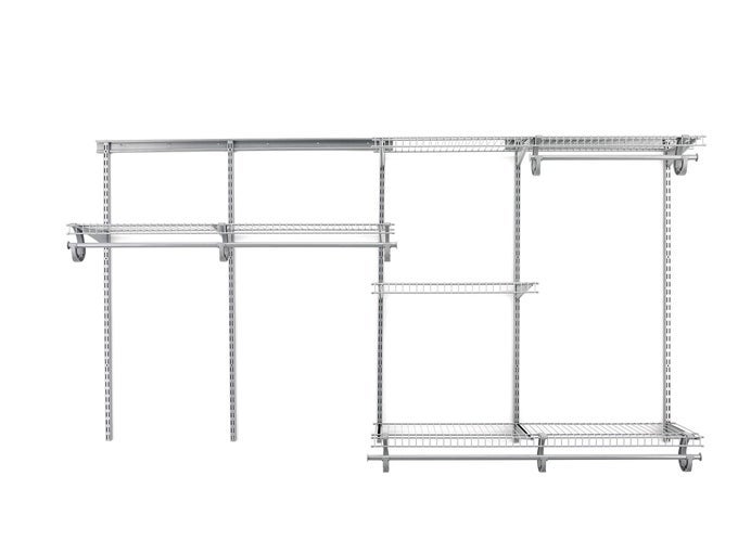 SHELFTRACK WIRE CLOSET ORGANIZER SYSTEM ADJUSTABLE FROM 5 TO 8 FT WITH SHELVES CLOTHES RODS HARDWARE DURABLE STEEL SATIN CHROME