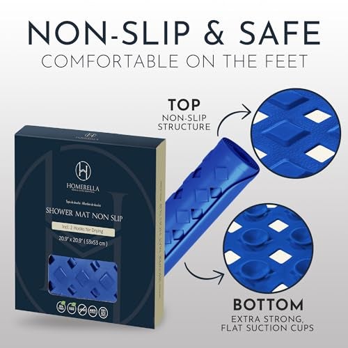 homerella® Shower Mat Non Slip Anti Mold, Non Slip Shower Mats for Inside Shower Stall Anti Slip Mat, Square Shower Floor Mat 21 x 21 in with Suction Cups & Hooks for Quick Drying, Machine Washable - Image 5