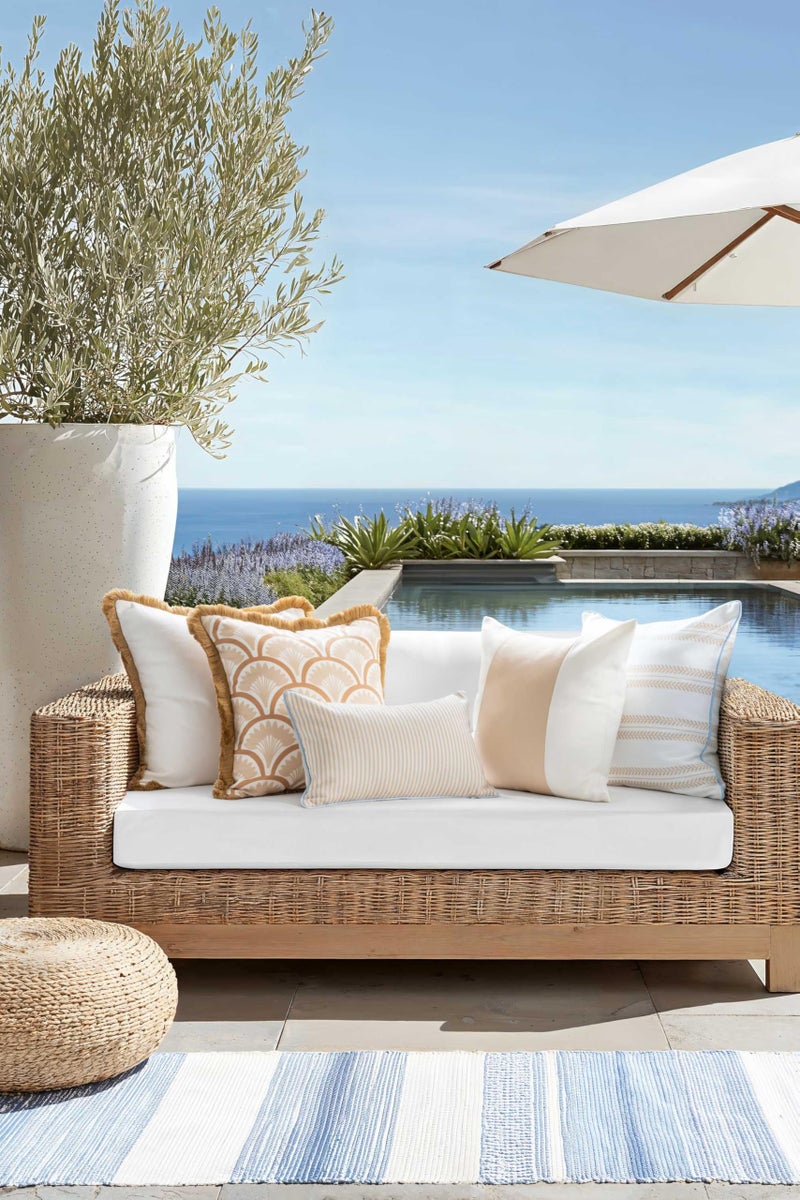 Hofdeco Premium Coastal Hampton Patio Indoor Outdoor Lumbar Pillow Cover Only, 12"x20" Water Repellent for Backyard, Couch, Poolside, Neutral Tan Blue Print Stripes - Image 3