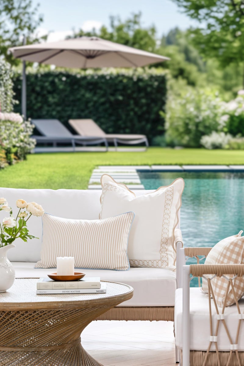 Hofdeco Premium Coastal Hampton Patio Indoor Outdoor Lumbar Pillow Cover Only, 12"x20" Water Repellent for Backyard, Couch, Poolside, Neutral Tan Blue Print Stripes - Image 2