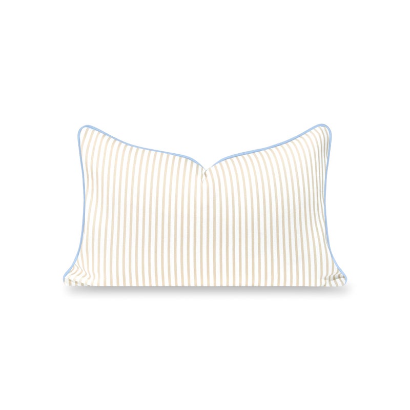 Hofdeco Premium Coastal Hampton Patio Indoor Outdoor Lumbar Pillow Cover Only, 12"x20" Water Repellent for Backyard, Couch, Poolside, Neutral Tan Blue Print Stripes - Image 1