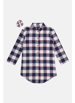 Tchibo Kids Girl Long Sleeve Plaid Night Dress, Navy Blue Combo  - Image 1