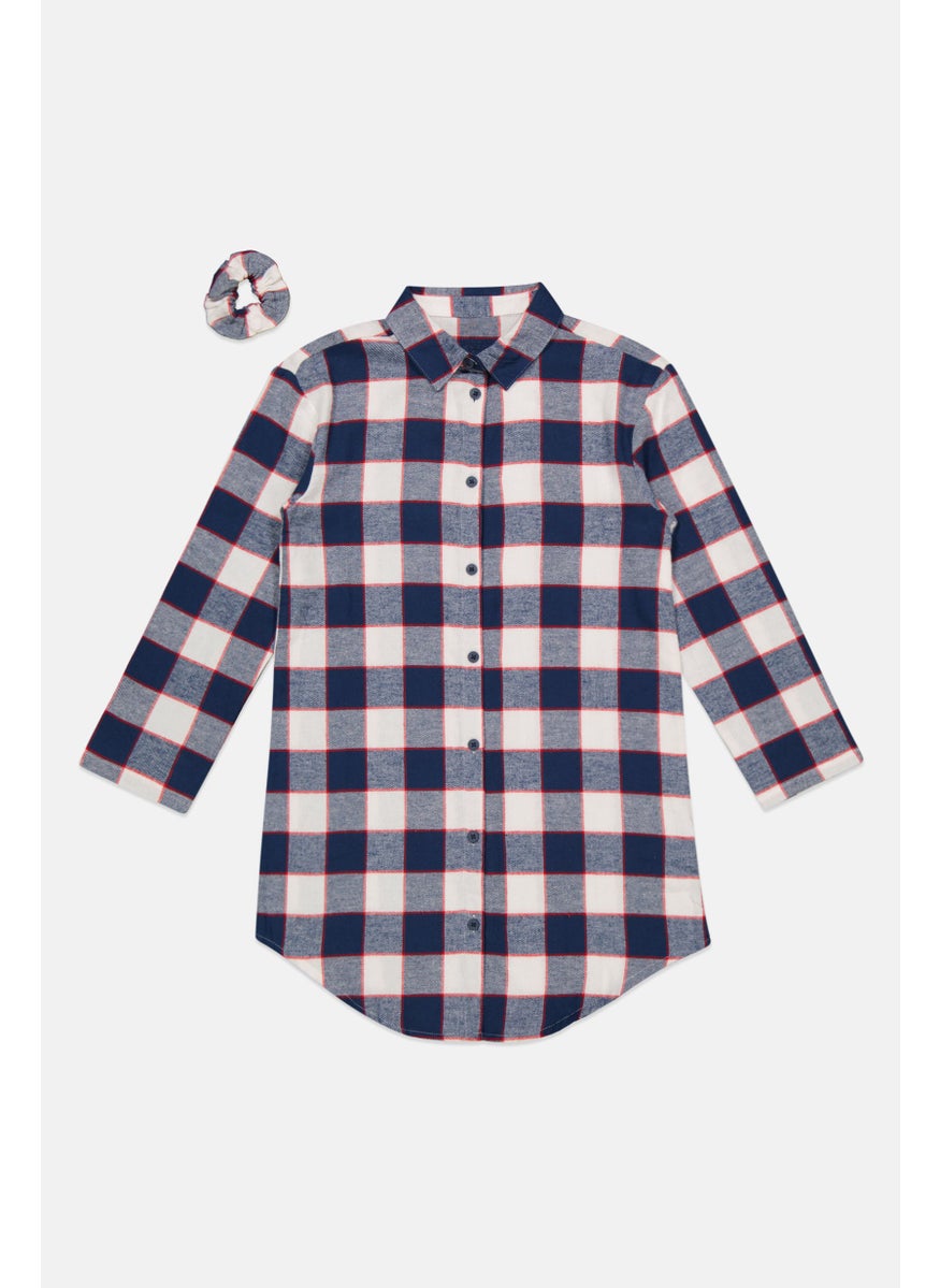 Tchibo Kids Girl Long Sleeve Plaid Night Dress, Navy Blue Combo  - Image 1