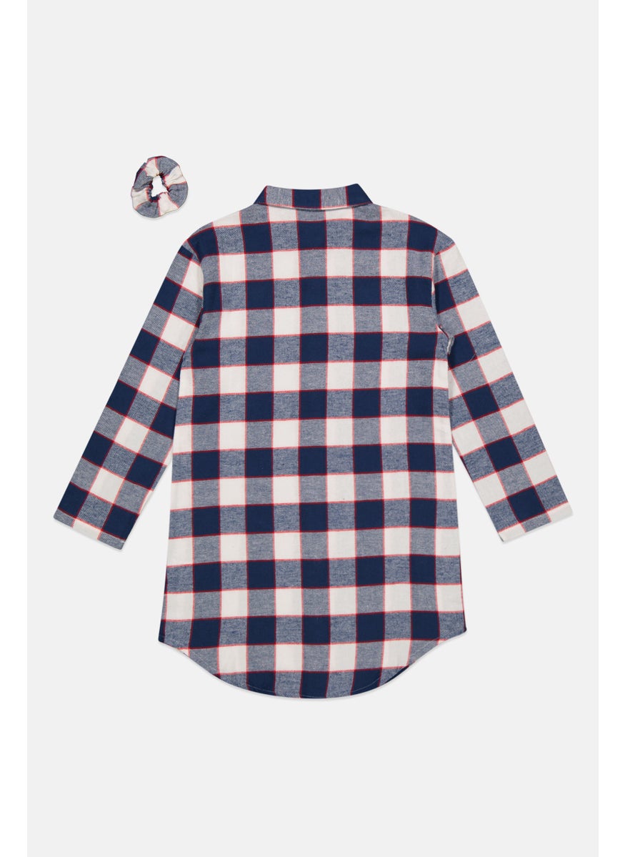 Tchibo Kids Girl Long Sleeve Plaid Night Dress, Navy Blue Combo  - Image 2