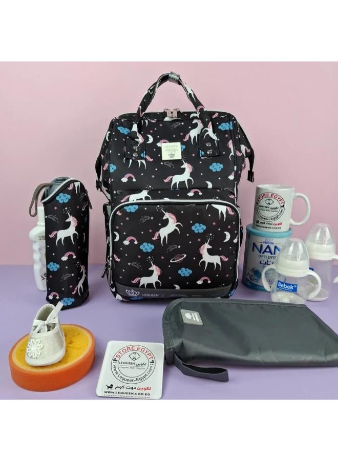 LeQueen Diamond 7th Edition Soft Waterproof Diaper Bag - Black with Unicorn Print - Image 1