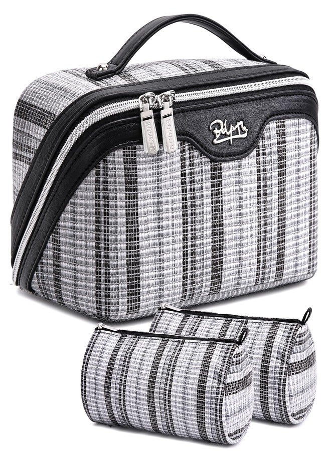 BOYATU Travel Makeup Bag for Women: Large Capacity Open Flat Make up Bag Set of 3 - Vegan Leather Cosmetic Bag with Compartments - Waterproof Toiletry Bag with Handle & Divider(I-2-Black) - Image 1