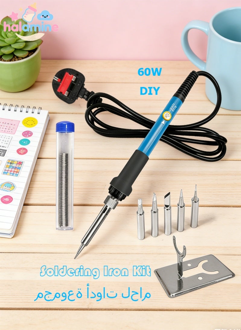 Halamine Soldering Iron Kit, 60W Electric Welding Soldering Iron set, with 5 Replacement Soldering tips, Iron frame, Black/Blue/Silver - Image 1