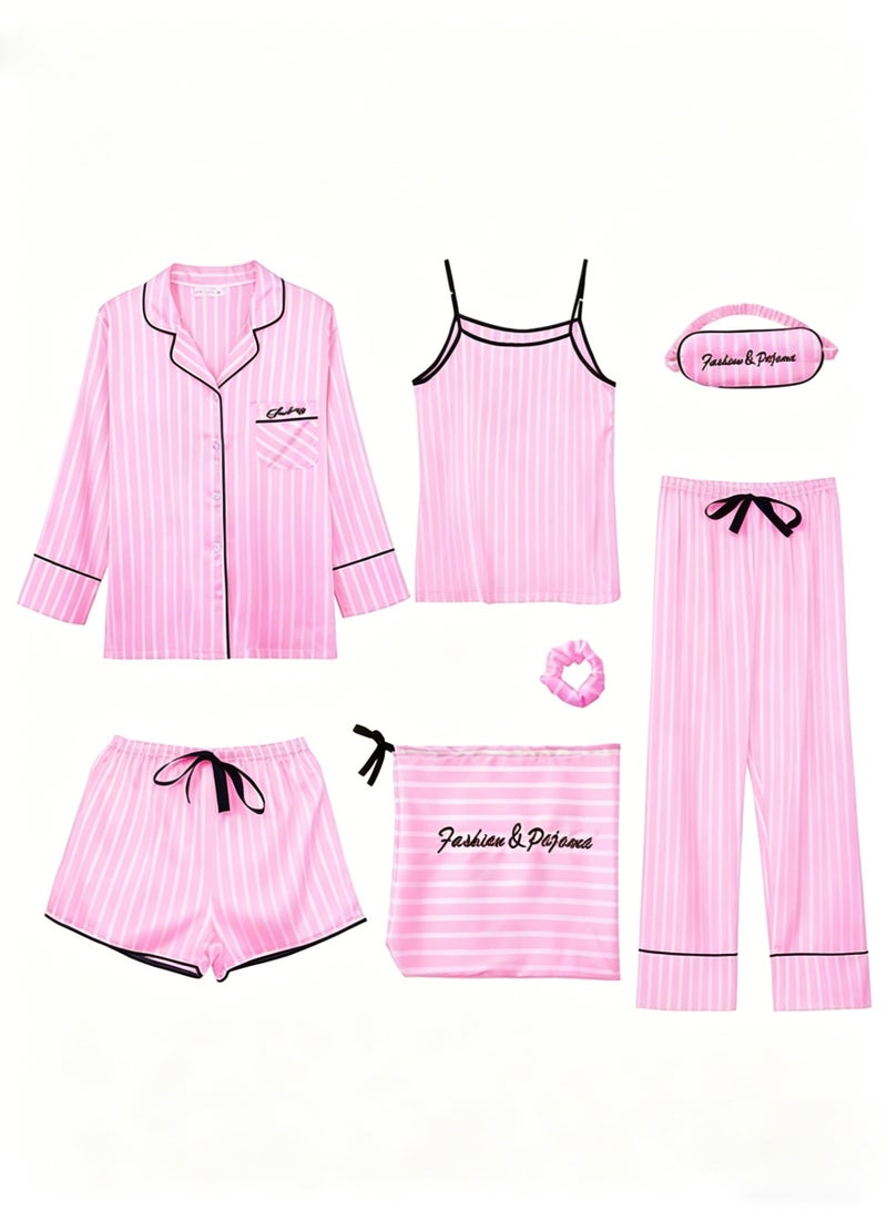 7pcs Women's Silk Satin Pajama Set, Comfortable Four-season Stripped Sleepwear with Short and Long Pants, Cami and V-neck Button Down Long Sleeve Nightwear Tops, Soft Loungewear Set for Pajama Party, Bridal Party, Lounging Room,Travel, Holiday, ect. Pink - Image 1