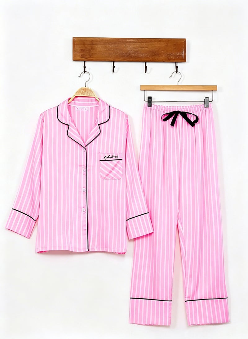 7pcs Women's Silk Satin Pajama Set, Comfortable Four-season Stripped Sleepwear with Short and Long Pants, Cami and V-neck Button Down Long Sleeve Nightwear Tops, Soft Loungewear Set for Pajama Party, Bridal Party, Lounging Room,Travel, Holiday, ect. Pink - Image 2