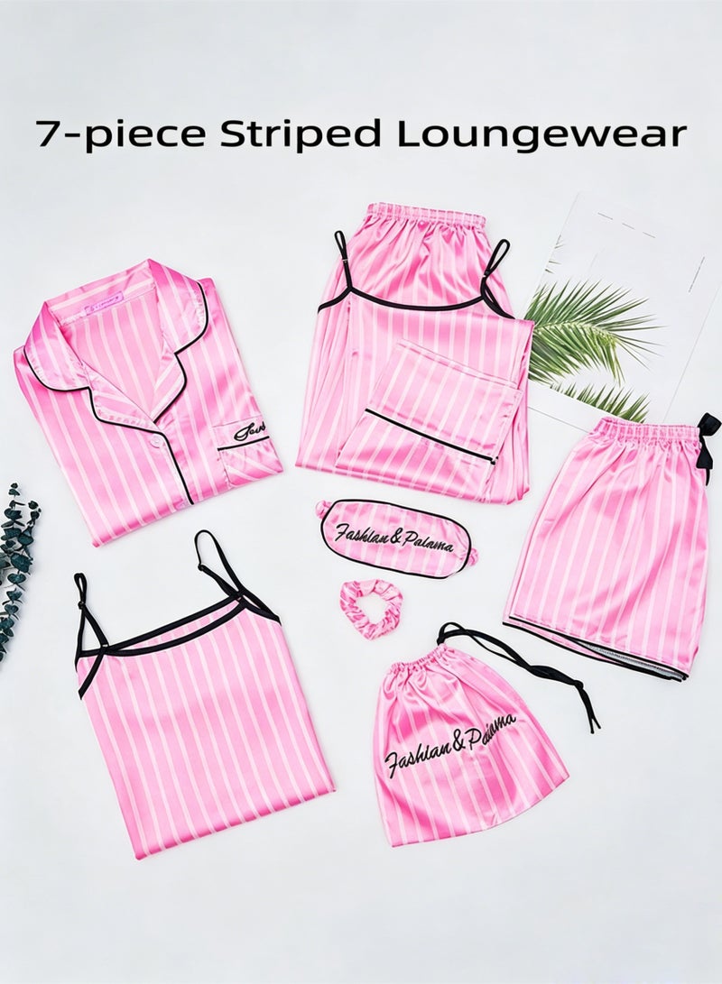 7pcs Women's Silk Satin Pajama Set, Comfortable Four-season Stripped Sleepwear with Short and Long Pants, Cami and V-neck Button Down Long Sleeve Nightwear Tops, Soft Loungewear Set for Pajama Party, Bridal Party, Lounging Room,Travel, Holiday, ect. Pink - Image 5