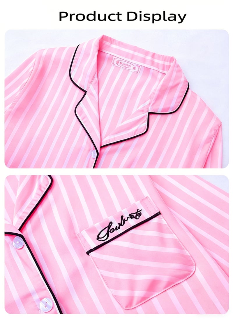 7pcs Women's Silk Satin Pajama Set, Comfortable Four-season Stripped Sleepwear with Short and Long Pants, Cami and V-neck Button Down Long Sleeve Nightwear Tops, Soft Loungewear Set for Pajama Party, Bridal Party, Lounging Room,Travel, Holiday, ect. Pink - Image 3