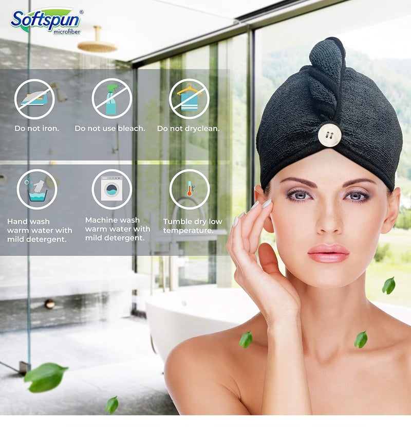 SOFTSPUN Microfiber Hair Cap Silk Banded Edge 2 Pcs 70X25cm Black 380 GSM Super Absorbent Quick Dry Hair Turban for Drying All Kinds of Hair Straight or Curly Short or Long Thin or Thick Hair - Image 5