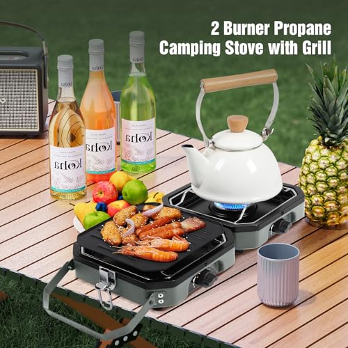 Dollate 2 Burner Camping Stove with Carrying Bag, 16000 BTU Portable Propane Stove for Camping, Collapsible camping stove with two side shelves and adjustable burners for outdoor barbecues and picnics - Image 2