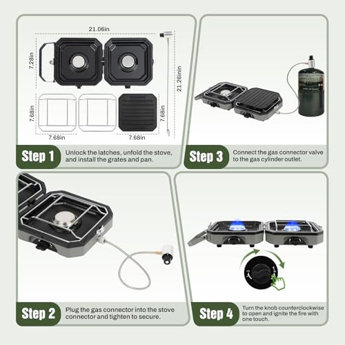 Dollate 2 Burner Camping Stove with Carrying Bag, 16000 BTU Portable Propane Stove for Camping, Collapsible camping stove with two side shelves and adjustable burners for outdoor barbecues and picnics - Image 4