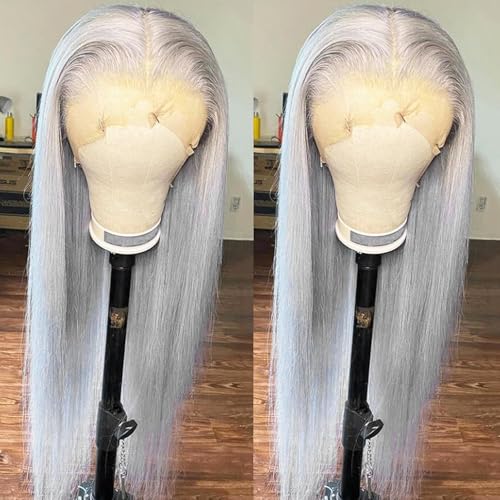 ANDRIA 13x4 Lace Front Wigs 200 Density Lace Front Wig Pre Plucked Glueless Wigs Natural Straight Synthetic 13x4 HD Lace Frontal Wigs for Black Women 26 Inch Grey - Image 1