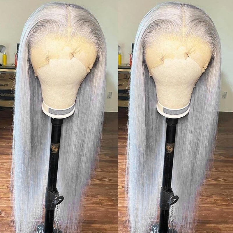 ANDRIA 13x4 Lace Front Wigs 200 Density Lace Front Wig Pre Plucked Glueless Wigs Natural Straight Synthetic 13x4 HD Lace Frontal Wigs for Black Women 26 Inch Grey - Image 2