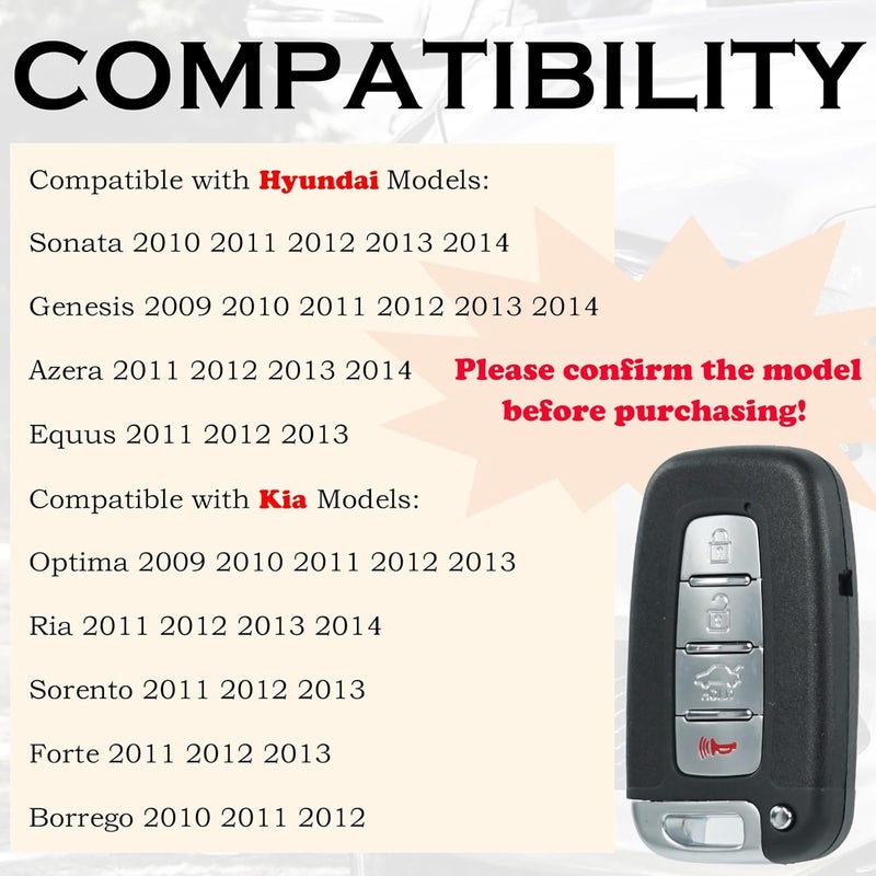SUPALAND مفتاح بديل من يناسب سيارات Hyundai Sonata، Genesis للأعوام 2010، 2011، 2012، 2013، 2014؛ وسيارات Azera، Equus؛ وسيارات Kia Optima للأعوام 2009–2013؛ وسيارات Ria، Sorento، Forte، Borrego. نوع التحكم عن بعد: Smart Keyless Entry. رقم المنتج: SY5HMFNA04. مواصفات المفتاح: يحتوي على 4 أزرار، تردد التحكم عن بعد: 315 ميغاهرتز، نوع البطارية: بطارية نوع “Coin/Button Cell”， مادة البطارية: ليثيوم بجهد 3 فولت. - Image 2