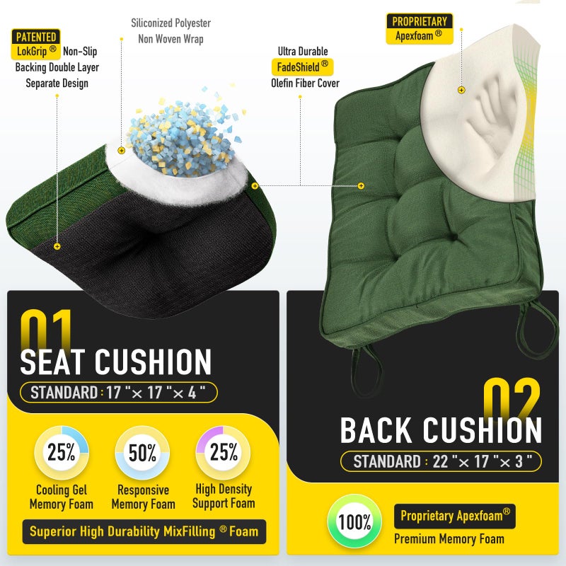 SUNROX Memory Foam Non Slip Rocking Chair Cushion, FadeShield Water Resistant Thicken Durable Tufted Pads, Set of Seat & Back Cushion with Ties for Indoor/Outdoor Rocker, 2 Piece, Sage Green - Image 2