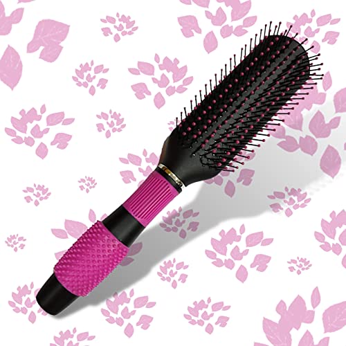 Scarlet Line Professional 9 Row Medium Styling Flat Hair Brush with Rubber Grip Handle, Ball Tip Nylon Bristles for Men and Women, Black and Pink - Image 1