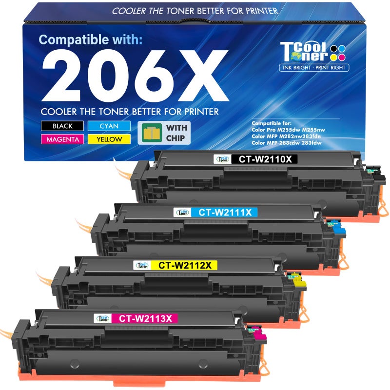 Cool Toner 206X 206A Toner Cartridges 4 Pack High Yield M283fdw M255dw Compatible Replacement for HP 206X 206 M283cdw Color LaserJet Pro MFP M255nw M283 M255 Printer Ink (with Chip) (Black Cyan Yellow Magenta) - Image 1