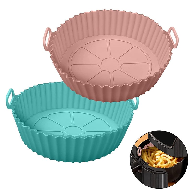 RYLAN Air Fryer Liners I Round Silicone Basket Baking Tray I Pot with Ear Handles I Nonstick Reusable Heat Resistant I Cooking Oven Insert Accessories Multicolor 8 inch Pack of 2 - Image 1
