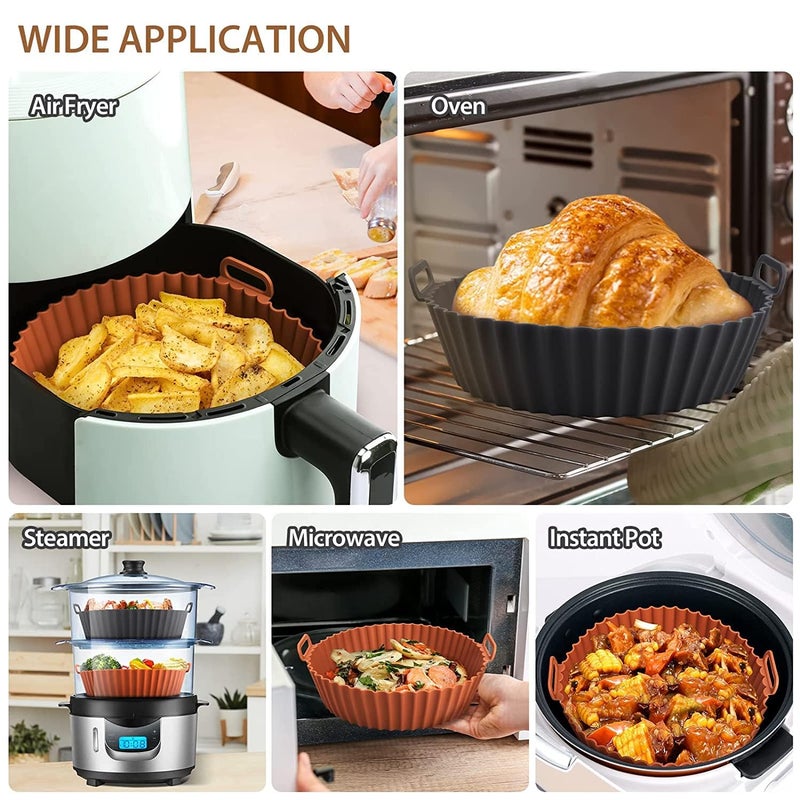 RYLAN Air Fryer Liners I Round Silicone Basket Baking Tray I Pot with Ear Handles I Nonstick Reusable Heat Resistant I Cooking Oven Insert Accessories Multicolor 8 inch Pack of 2 - Image 4
