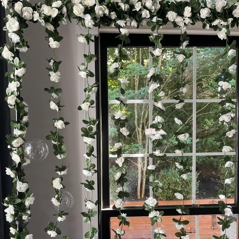 WEISPARK Fake Flowers - 10pcs 82 FT Artificial Rose Vine Flower Plants Hanging Rose Ivy for Home Hotel Office Wedding Party Garden Craft Art Décor (10pcs White) - Image 2