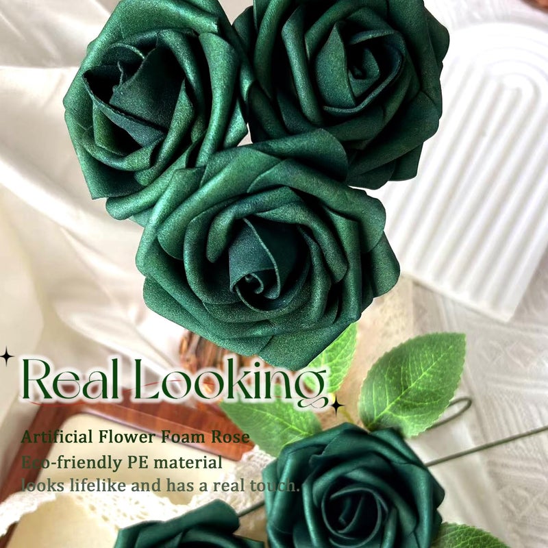 LCiclly 25Pcs Emerald Green Artificial Flowers Foam Fake Dark Hunt Green Rose With Stems 8 Leaves Real Looking Faux Roses For Wedding Bouquets Bridal Shower Centerpieces Arrangements Party Tables Decorations - Image 5