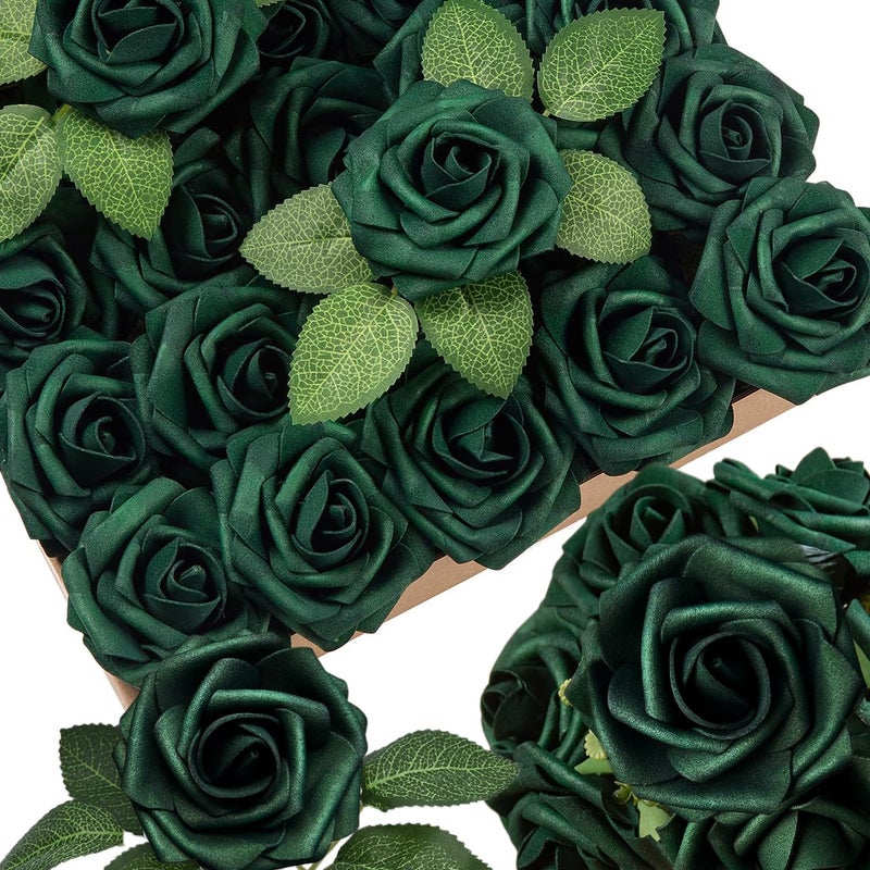 LCiclly 25Pcs Emerald Green Artificial Flowers Foam Fake Dark Hunt Green Rose With Stems 8 Leaves Real Looking Faux Roses For Wedding Bouquets Bridal Shower Centerpieces Arrangements Party Tables Decorations - Image 1