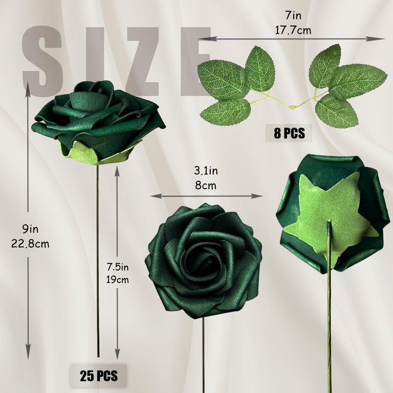 LCiclly 25Pcs Emerald Green Artificial Flowers Foam Fake Dark Hunt Green Rose With Stems 8 Leaves Real Looking Faux Roses For Wedding Bouquets Bridal Shower Centerpieces Arrangements Party Tables Decorations - Image 4